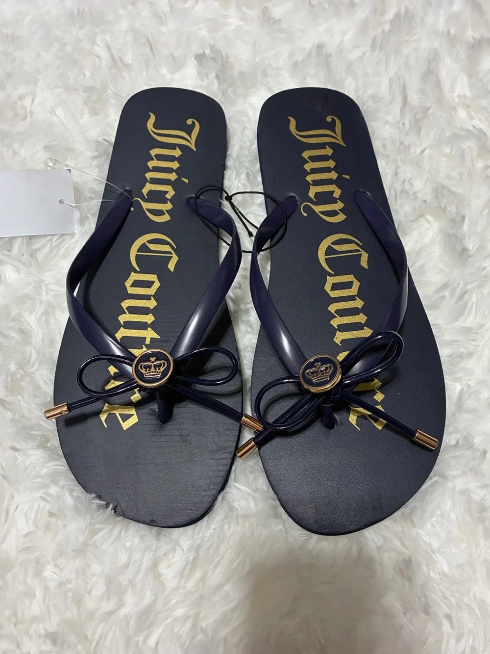 Juicy Couture Navy Gold Logo Bow Flip Flop Sandals